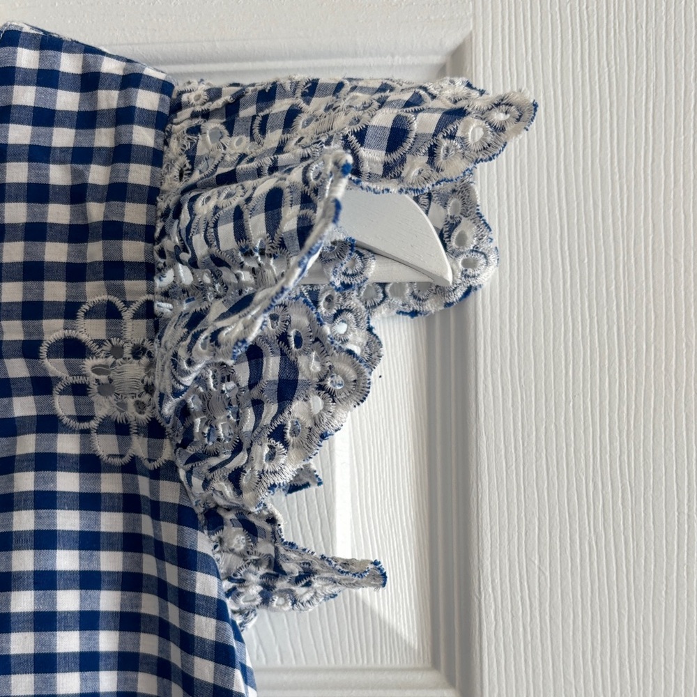 Sail to Sable Navy and White Gingham Dress with Floral Embroidery - Picture 5 of 8